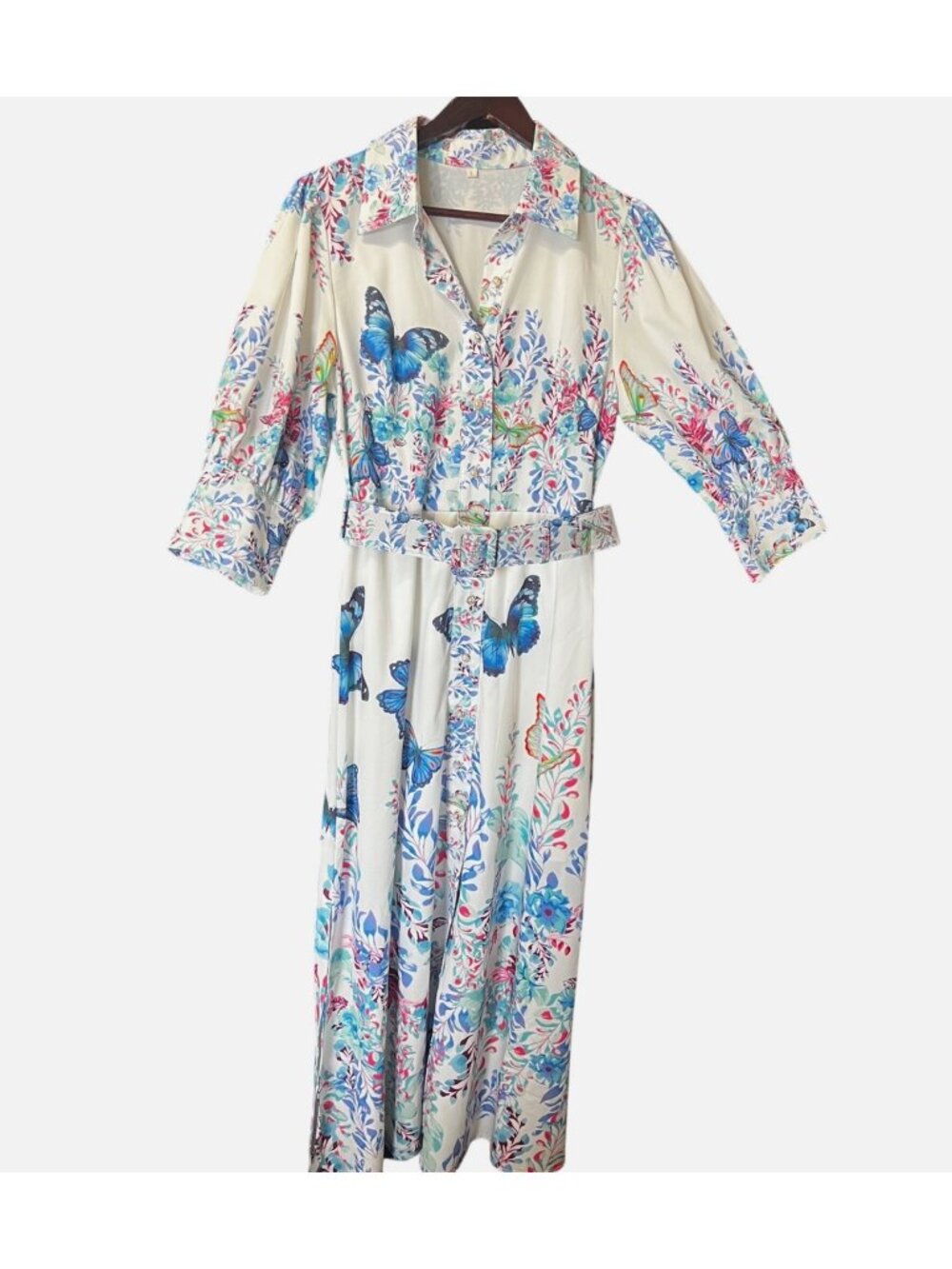Butterfly Floral Maxi Dress Belted Button Front Long Sleeve Womens L